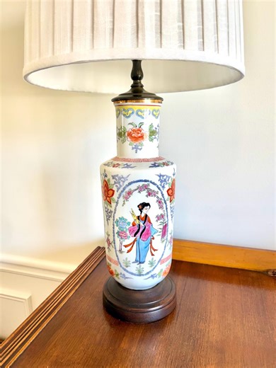 Vintage Chinoiserie Famille Rose Table Lamp, Rose Medallion Asian Figures, Florals and Birds - Etsy