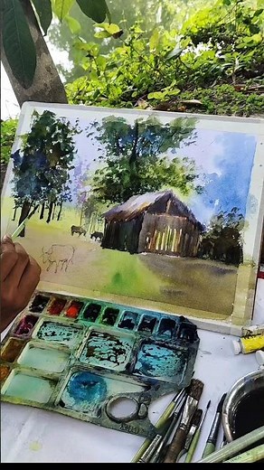 Village scenary drawing with Watercolour/easy Watercolour composition art #easywatercolor#villageart