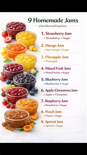 9 HOMEMADE JAMS (No Preservatives) 🍓🥭🍍 Easy one-base method with 9 flavour variations BASE JAM METHOD (WORKS FOR ALL) Ingredients • Fresh fruit (chopped or pureed) – 2 cups • Sugar – 1 to 1¼ cups (adjust to fruit sweetness) • Lemon juice – 1 tbsp • Water – 2–3 tbsp (only if fruit is dry) Method 1. Add fruit to a heavy pan. Cook on medium till soft. 2. Mash or blend lightly (chunky or smooth as you like). 3. Add sugar and lemon juice. Mix well. 4. Cook on low flame, stirring often, till thick 