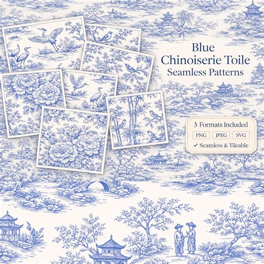 Blue Chinoiserie Toile Patterns | Vintage Tileable Designs (PNG JPG SVG Digital Download) - Etsy