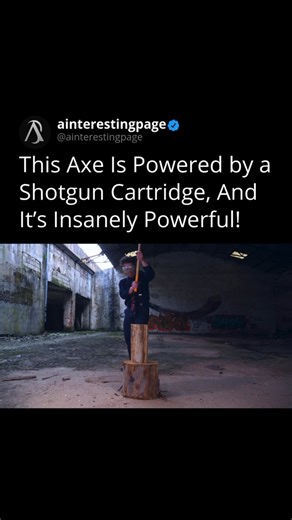 Interesting Page on Instagram: "Imagine wielding an axe that harnesses the explosive power of a 12-gauge shotgun shell to amplify your chopping force. This innovative tool, crafted by engineer and YouTuber Integza, uses the energy from a shotgun cartridge to drive the axe blade into wood, making log splitting remarkably efficient. The mechanism involves a magnetic plunger at the axe’s tail, which channels the explosive force forward upon detonation, propelling the blade with immense power. This 