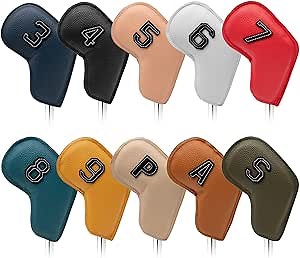 Golf Iron Covers,10pcs Leather GLOOF Golf Club Covers Waterproof Golf Iron Head Covers Fit All Brands,Embroidered Label on Both Sides of Iron Covers for Golf Clubs