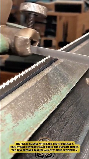 Sharpening saw blade teeth using hand file to restore cutting precision