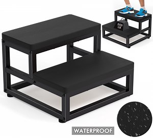 Two-Step Stool for Adults & Kids, Waterproof HDPE Bed Step with Adjustable Non-Slip Feet, Sturdy Metal Frame for Kitchen, Bathroom, Bedroom, RV & Outdoor Use, Black