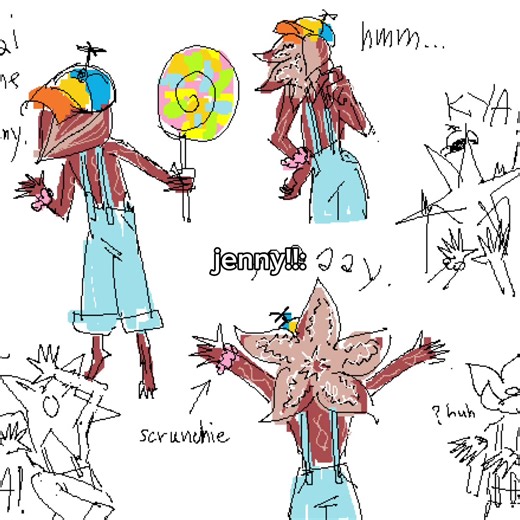 WE LOVE JENNY!! || awesome drawings from poopie, finny and whale :D . . Jenny is the newest edition to our pr team, and she is going to be our mascot for this entire project! we were inspired by a lot of 80s cartoons for her clothing design, and she was first brought to life by one of our amazing artists poopie!! . . She’ll be appearing more soon, so stay tuned in to see more of her :3 . . . . . . . . . . . . . . . . #projectrightsideup #jennyprsu #strangerthings #fyp #byler