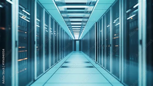Data center corridor with rows of server racks displaying blinking lights, representing high speed computing, networking infrastructure, and secure cloud storage