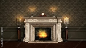 Victorian vintage fireplace with burning fire and candles on the mantlepiece.