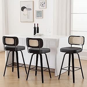 Bekrvio Swivel Counter Height Bar Stools Set of 3, Upholstered Faux Leather Barstools with Rattan Back, 26" Seat Height Bar Chairs Island Stools for Kitchen Counter, Black Wood Frame, Black