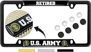 [Officially Licensed Product] - U.S. Army Retired - Domed Custom-Made Personalized Narrow (Thin) Top 4 Hole Metal Car License Plate Frame with Free caps - Black (Quantity: 1 Frame)