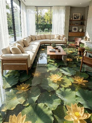 Stunning Golden Lotus Resin Floor Living Room Design