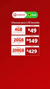 What’s your perfect data match?  4GB for quick browsing?  20GB for streaming & social media?  200GB to share with the whole fam? Whatever you need, we’ve got the bundle for you! Grab your bundles at any Flash merchant and switch to Vodacom LTE today – Dial *123#  | Flash | Facebook