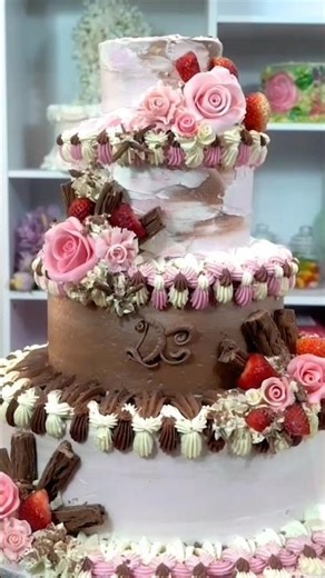 Chocolate wedding cake decorating ideas with ganache, cream, strawberries & pink chocolate roses