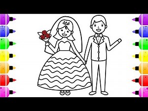 Wedding Bride and Groom Coloring Page with Colored Marker - Coloring Book