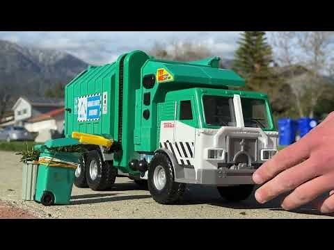 Toy Garbage Trucks in Action- Motorized Side Loaders!