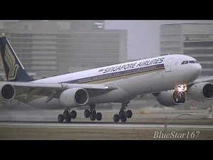Singapore Airlines Airbus A340-500 (9V-SGD) landing at LAX/KLAX (Los Angeles) RWY 24R