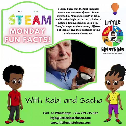 The computer mouse, as we know it today, was invented in the early 1960s by Douglas Engelbart. Here's a fun fact: the first computer mouse was made of wood! Engelbart's prototype was a block of wood with two metal wheels underneath. When you moved the mouse on a surface, the wheels turned, and this motion was translated into cursor movement on the computer screen. It was a revolutionary invention that changed the way we interact with computers. #LittleEinsteinsEA #STEAMFacts #MondayMotivation #m