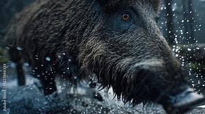 Wild boar running through shallow water with splash in forest showing motion speed and survival in nature habitat