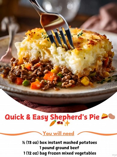 Quick 💖 & Easy Shepherd's Pie 🥧🥔🥕🥩✨ Quick, easy shepherd's pie with tomato soup and instant mashed potatoes. Perfect for busy families! Ingredients: For the mashed potato topping: ½ (13 oz) box instant mashed potatoes 🐇 | Grandma's Kitchen