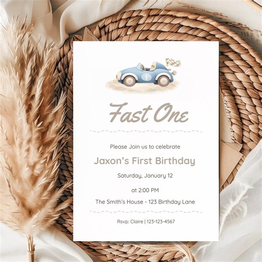 Fast One Birthday Invitation | Boy First Birthday | Race Car Theme Invite | Editable Canva Template - Etsy