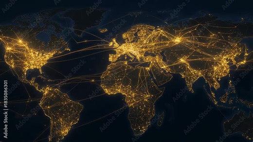 Lighting rising animating flat world map, pulsing gold nodes and streaming arcs for data flow