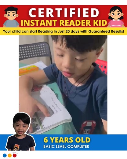 From sounds to confident reading, this 6-year-old is now a 𝗖𝗲𝗿𝘁𝗶𝗳𝗶𝗲𝗱 𝗜𝗻𝘀𝘁𝗮𝗻𝘁 𝗥𝗲𝗮𝗱𝗲𝗿 𝗞𝗶𝗱! He proudly completed the Basic Level of Instant Reader, building not just his reading skills but also his confidence at such a young age. With the right tools, patience, and guidance, every child can experience the joy of reading earlier than expected. 💙 Your child could be next! #CertifiedInstantReaderKid #ReadingIn20Days #InstantReaderSuccess | Instant Reader Main