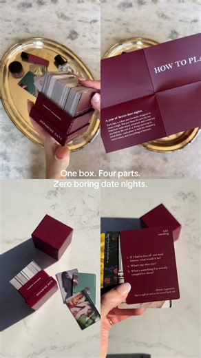 Your 4-part formula for better date nights. ✨ 💬 Say what’s on your mind with prompts that spark real conversation. 🎲 Try something new that breaks the routine. 🔥 Feel the rush of connection (and attraction) again. 🤲 Hold onto the closeness long after the night ends. 52 nights. One box. A year of love that actually feels alive. 💌 #dopaminedate #lovelingual