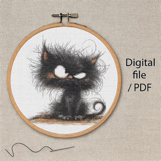 Grumpy Cat Cross Stitch PDF Pattern | Black Cat Embroidery Chart | Aida 14 Counted Design - Etsy