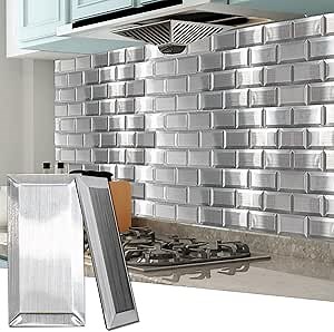 Art3d 100 Pcs Peel and Stick Backsplash Tiles, 3D Textured Metal Stick On Subway Wall Tiles for Kitchen Back Splashes, Bathroom, Laundry Room, 3 x 6 Inch, Stainless