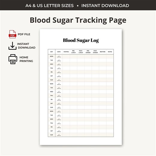 Printable Blood Sugar Log | Diabetic Tracker | Glucose Monitoring Sheet | Black and White and Color | A4 & US Letter | Instant Download PDF - Etsy