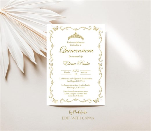 Quinceanera Invitation in Spanish: Gold Butterflies Mis Quince Invite (digital Download) Canva - Etsy