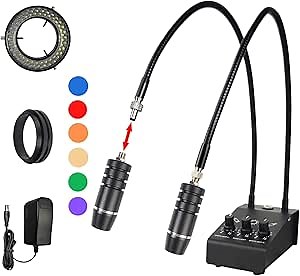 Microscope Light 6W 6500K Dual Gooseneck Spotlight with Adjustable Lights Microscope 64 LED Ring Illuminator Source for Industrial Digital Stereo Microscope Camera, PCB Repair, Soldering
