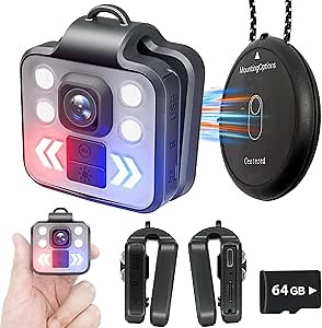 Body Camera 1080P 64GB Mini Outdoor Sports Body Cam, Security Wireless Wearable Video Recorder, 3 LED Modes Flashlight, Waterproof Cam, for Sports/Pet/Police/Work Recording/Home Security