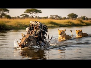 🐗 Savannah River Chase | Warthog’s Wild Escape from Two Lionesses 🦁🦁
