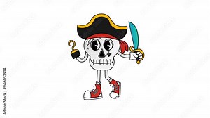 Animated Halloween character skull in pirate costume with saber in 70s cartoon style. Funny retro character on transparent background