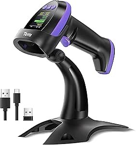 Tera Barcode Scanner Wireless 2D with Stand: Pro Version Digital Setting Screen Keypad Works with Bluetooth 2.4G Wireless USB Wired Extra Fast Scanning Speed Handheld Bar Code Reader HW0009-Z Purple