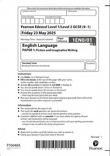 PEARSON EDEXCEL GCSE ENGLISH LANGUAGE PAPER 1 QUESTION PAPER 2025 (1EN0/01)