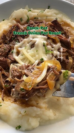 Slow Cooker French Onion Pot Roast Full recipe: https://fitslowcookerqueen.com/crockpot-french-onion-pot-roast/ | Shannon Epstein - Fit Slow Cooker Queen
