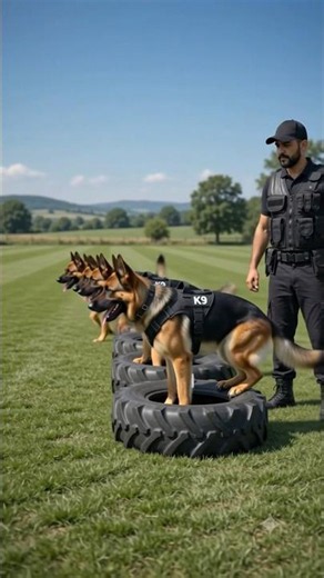 k9 Training, Trainer commands dogs through tires.