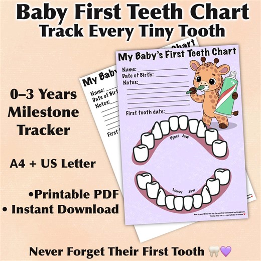 Giraffe Baby Teeth Chart Printable | First Tooth Record Tracker | A4 & US Letter PDF Set | Bonus White Background Files - Etsy