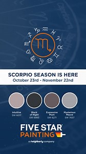 Scorpio season is here and with it comes bold energy, rich color, and the perfect time for a transformation. ♏✨ Deeply passionate and quietly intuitive, Scorpios love a transformation that feels intentional and a little mysterious. This season, bring that same energy indoors with rich, moody hues like Intuitive, Black of Night, Expressive Plum, or Mysterious Mauve. Perfect for a cozy reading nook, moody dining room, or bold accent wall. Ready to transform your space with a little Scorpio flair? 