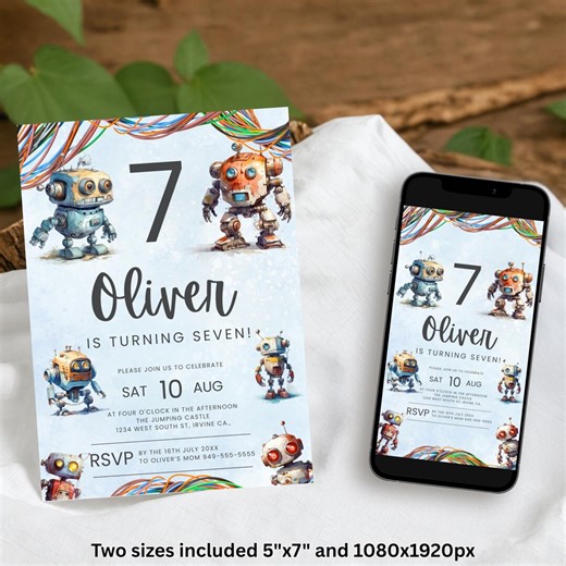 Robot Birthday Invitation, Editable Canva Template, 5x7 Printable   Mobile Invite, Optional Back Design, Bonus Print Template, Digital - Etsy