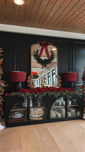 JENNIFER | HOLIDAY HOME | TRANSITIONAL DECOR on Instagram: "I decorated this room in a Ralph Lauren inspired theme with deep reds, gold and tartan plaid…so my white lamp shades did not match the vibe! My mom had the idea to wrap the lampshades in this tartan plaid ribbon and it saved me lots of money on buying new lampshades that I would just be using for the Christmas season! This can be done any time of year to match your theme, not just Christmas. Make sure you use a wired ribbon because it m