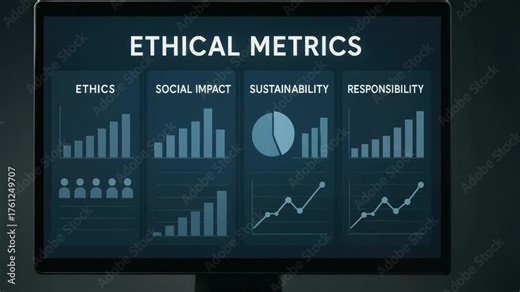 Ethical metrics dashboard visual metaphors ethical messaging blend data visualization charts and graphs touchscreen interaction to convey trust