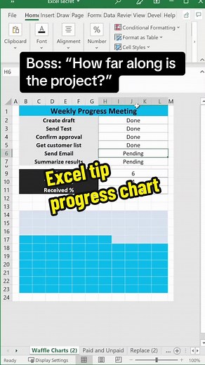 Excel can be used to show progress to completion with a waffle chart. Add this to a dashboard for a clear way to visualize data with Excel. Excel waffle chart how to. #excel #exceltips #exceltricks #exceltipsandtricks #data #friday #learnontiktok #exceltok #progresscheck #charts #bossmoves