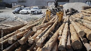 Process Of Stacking Timber Material In Pile By A Logging Machine. Transporting Timber Material Pile For Lumber Production Workshop. Industrial Logging Truck Using Crane To Stack Timber Material Pile