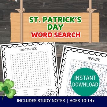 St Patrick's Day Word Search, Sunday School Activity and Homeschool Worksheets