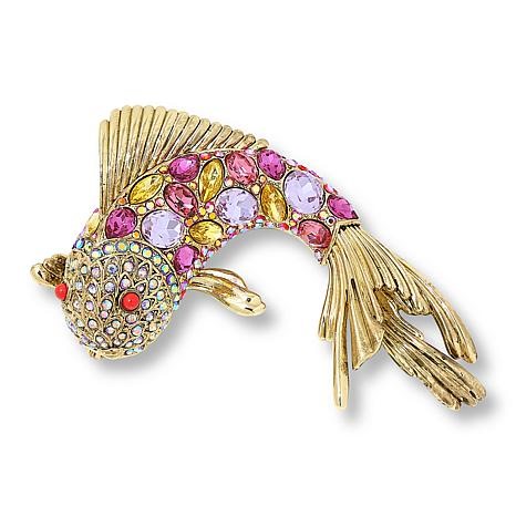 "As Is" Heidi Daus One Fish Two Fish Bronzetone Crystal Pin | HSN