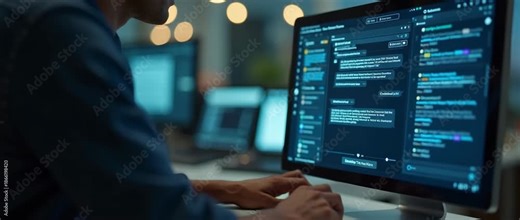 Focused professional using computer in modern office, fingers typing swiftly, as camera gently pans and ambient lights flicker, conveying a cinematic and tech-driven narrative.