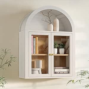 Arched Wall Cabinet,Glass Display Wall Mounted Cabinet with Tempered Glass Doors, Floating Cabinet with Adjustable Shelves for Bathroom,Living Room, Kitchen