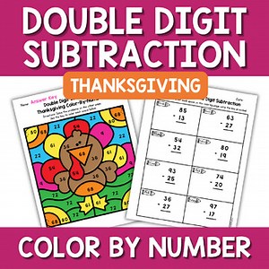 Thanksgiving Double Digit Subtraction Color by Number Worksheet Math 2nd Grade